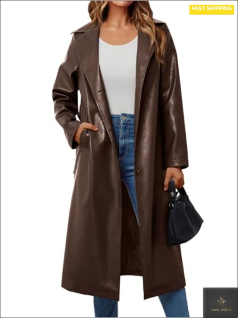 Womens Faux Leather Long Trench Coat with Belt